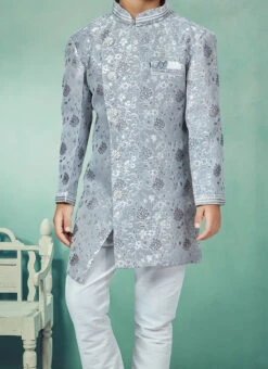 Grey Banarasi Silk Jacquard Indowestern Sherwani Party Wear