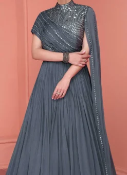 Grey Chinon Mirror Work Dresses And Gown Party Wear