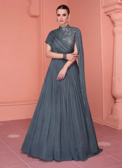 Grey Chinon Mirror Work Dresses And Gown Party Wear -Mahra Clothing Shop grey chinon mirror work dresses and gown bgwrska48055329 u