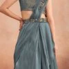 Grey Chinon Silk Embroidered Ready Pleated Saree Party Wear