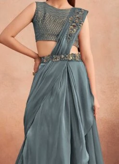 Grey Chinon Silk Embroidered Ready Pleated Saree Party Wear