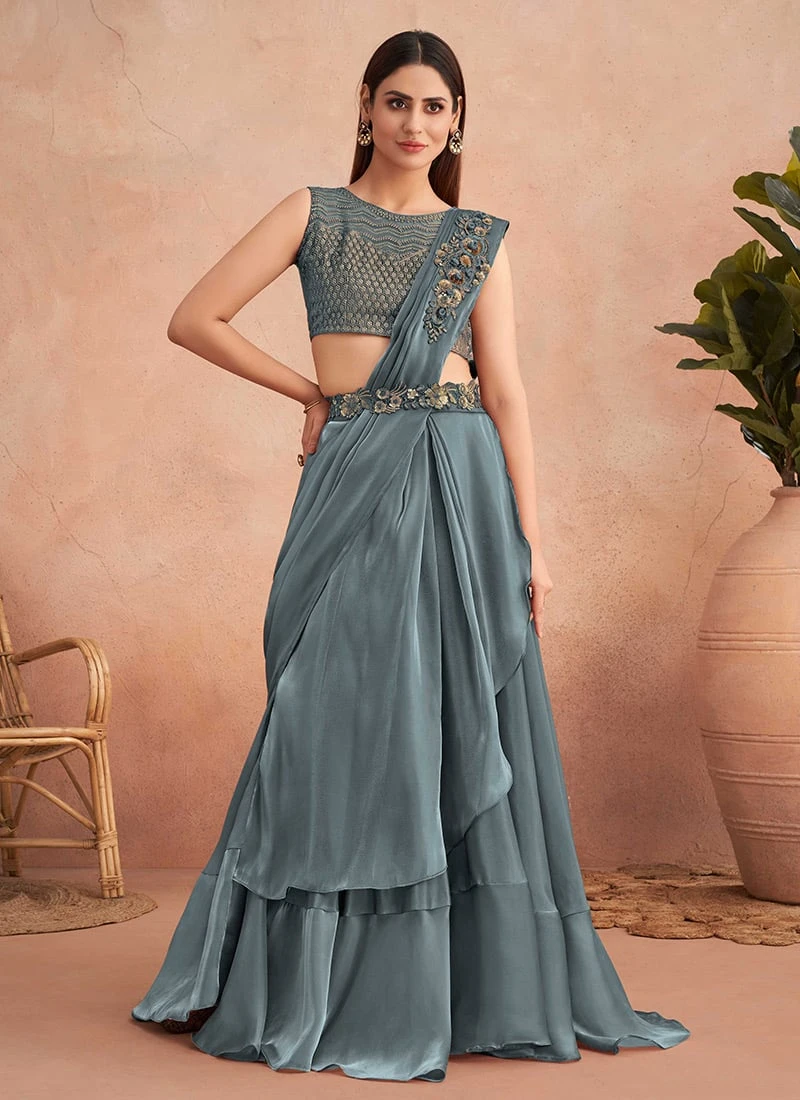 Grey Chinon Silk Embroidered Ready Pleated Saree Party Wear 3 Grey Chinon Silk Embroidered Ready Pleated Saree Party Wear - Image 3