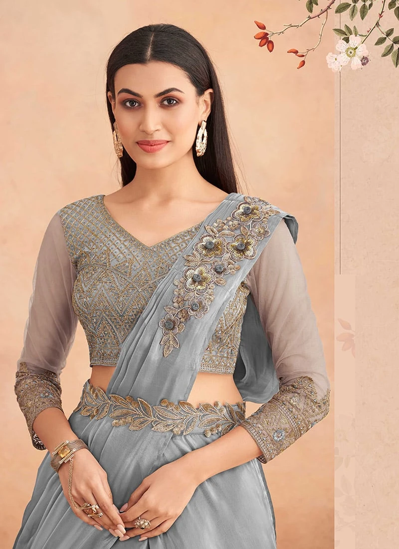 Grey Chinon Silk Embroidered Sequins Ready Pleated Saree Party Wear 4 Grey Chinon Silk Embroidered Sequins Ready Pleated Saree Party Wear - Image 4
