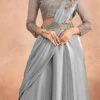 Grey Chinon Silk Embroidered Sequins Ready Pleated Saree Party Wear