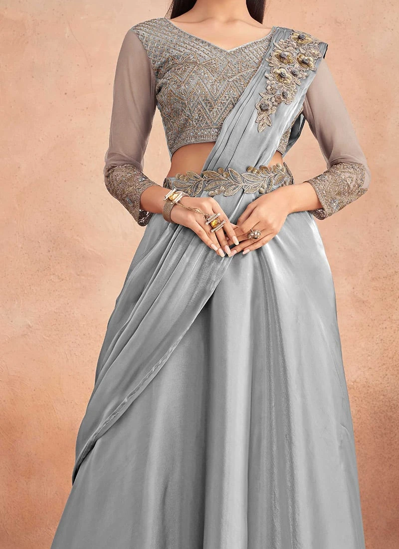 Grey Chinon Silk Embroidered Sequins Ready Pleated Saree Party Wear 1 Grey Chinon Silk Embroidered Sequins Ready Pleated Saree Party Wear