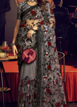 Grey Color Embroidered Moti Sequins Work Net Saree Party Wear