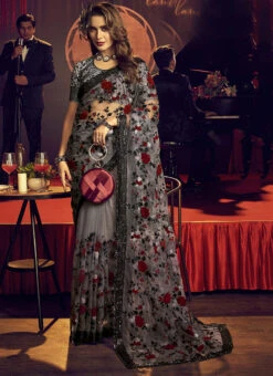 Grey Color Embroidered Moti Sequins Work Net Saree Party Wear -Mahra Clothing Shop grey color embroidered moti sequins work net saree sasli6704 u