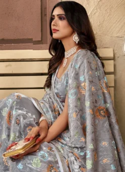 Grey Color Resham Embroidery And Sequins Jimmy Chhoo Soft Organza Saree Party Wear -Mahra Clothing Shop grey color resham embroidery and sequins jimmy chhoo soft organza saree sasunc1774 b