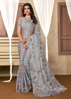 Grey Color Resham Embroidery And Sequins Jimmy Chhoo Soft Organza Saree Party Wear -Mahra Clothing Shop grey color resham embroidery and sequins jimmy chhoo soft organza saree sasunc1774 u