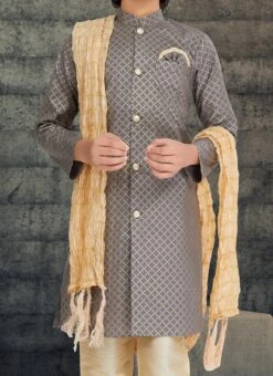 Grey Cotton Kids Boys Indowestern Sherwani Festive Wear