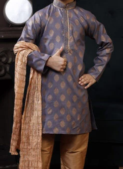Grey Cotton Printed Boys Kurta Pyjama Party Wear