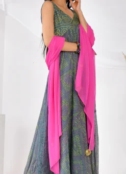 Grey Cotton Silk Bandhini Print Anarkali Top With Dupatta After Six Wear