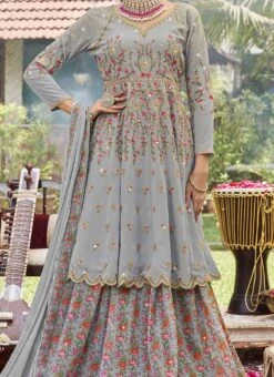 Grey Faux Georegette Embroidered A Line Lehenga Party Wear