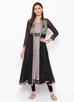 Grey N Black Crepe Embroidered Kurta Churidar Set After Six Wear -Mahra Clothing Shop grey n black crepe embroidered kurta churidar set krsmnc2100bks u
