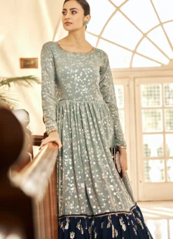 Sea Green N Blue Georgette Foil Printed Anarkali Gown After Six Wear -Mahra Clothing Shop grey n blue georgette foil printed anarkali gown bgwsom4706 b