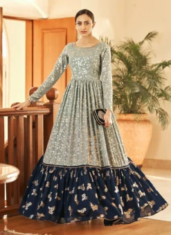 Sea Green N Blue Georgette Foil Printed Anarkali Gown After Six Wear -Mahra Clothing Shop grey n blue georgette foil printed anarkali gown bgwsom4706 u