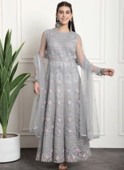 Grey Net Embroidered And Stones Gown Party Wear -Mahra Clothing Shop grey net embroidered and stones gown bgwrssls4015 u