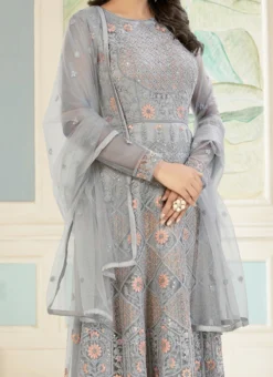 Grey Net Embroidered Stones Anarkali Suit Party Wear