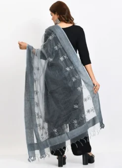 Grey Organza Cotton Chikankari Embroidery Dupatta Work Wear -Mahra Clothing Shop grey organza cotton chikankari embroidery dupatta dpdmimfd114 b