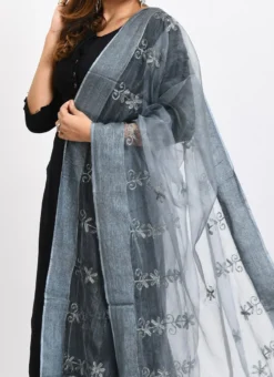 Grey Organza Cotton Chikankari Embroidery Dupatta Work Wear