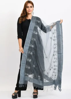 Grey Organza Cotton Chikankari Embroidery Dupatta Work Wear -Mahra Clothing Shop grey organza cotton chikankari embroidery dupatta dpdmimfd114 u