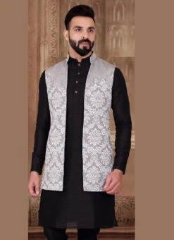 Grey Silk Jacquard Work Long Nehru Jacket -Mahra Clothing Shop grey silk jacquard work long nehru jacket jmkmdcn101 b