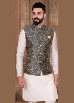 Grey Silk Jacquard Work Nehru Jacket -Mahra Clothing Shop grey silk jacquard work nehru jacket jmkmdc950 b