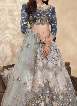 Teal Blue Soft Silk Mirror Work Umbrella Lehenga Wedding Wear