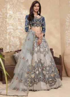 Teal Blue Soft Silk Mirror Work Umbrella Lehenga Wedding Wear -Mahra Clothing Shop grey soft silk mirror work umbrella lehenga ghsak42101040 u