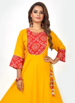 Haldi Yellow Rayon Bandhini Printed Kurta Churidar Set Work Wear -Mahra Clothing Shop haldi yellow rayon bandhini printed kurta churidar set krsmam422 b