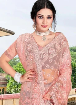 Half Sleeve Embroidery Stone Peach Net Saree Party Wear -Mahra Clothing Shop half sleeve embroidery stone peach net saree sasunm1723 b