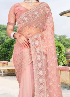 Half Sleeve Embroidery Stone Peach Net Saree Party Wear