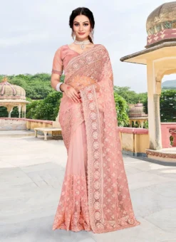 Half Sleeve Embroidery Stone Peach Net Saree Party Wear -Mahra Clothing Shop half sleeve embroidery stone peach net saree sasunm1723 u