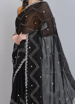 Hand Work Beads Work Black Color Chiffon Saree Party Wear