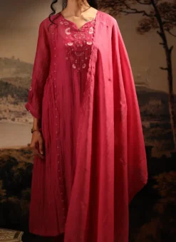 Hot Pink Chanderi Silk Embroidered Dupatta Party Wear