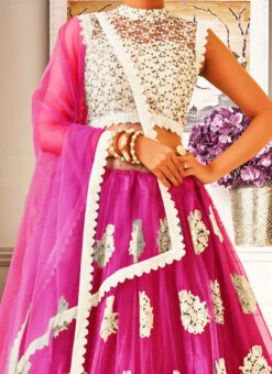Hot Pink Mono Net Lace N Sequins Umbrella Lehenga Party Wear