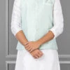 Ice Blue Jacquard Silk Nehru Jacket