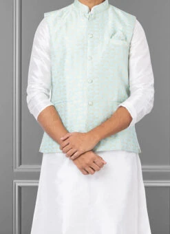 Ice Blue Jacquard Silk Nehru Jacket