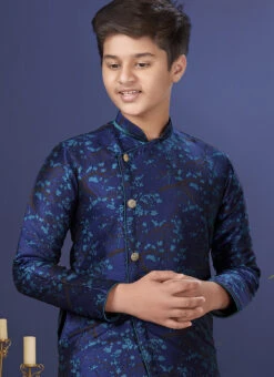 Indigo Blue Jacquard Silk Boys Indowestern Sherwani Party Wear -Mahra Clothing Shop indigo blue jacquard silk boys indowestern sherwani kdbkvs503 b