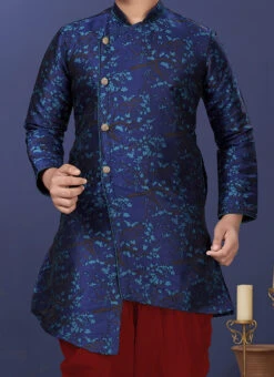 Indigo Blue Jacquard Silk Boys Indowestern Sherwani Party Wear