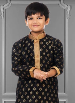 Ink Black Dhupion Silk Foil Printed Boys Kurta Pyjama Party Wear -Mahra Clothing Shop ink black dhupion silk foil printed boys kurta pyjama kdbkvs666 b