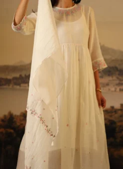 Ivory White Chanderi Silk Embroidered Dupatta Party Wear