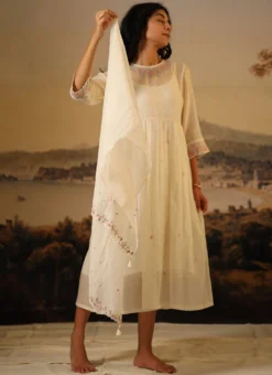 Ivory White Chanderi Silk Embroidered Dupatta Party Wear -Mahra Clothing Shop ivory white chanderi silk embroidered dupatta dpbadcssfw03 u