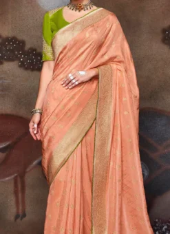 Jacquard Woven Peach Color Dola Silk Saree Attached With Embroidery Blouse Party Wear