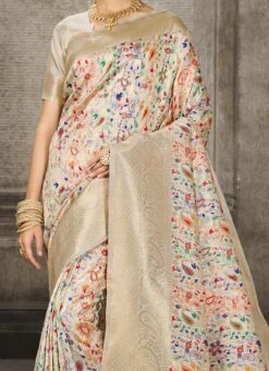 Jacquard Woven White Color Banarasi Silk Saree Party Wear