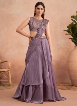 Lavender Chinon Silk Embroidered Ready Pleated Saree Party Wear -Mahra Clothing Shop lavender chinon silk embroidered ready pleated saree saska36337311d u