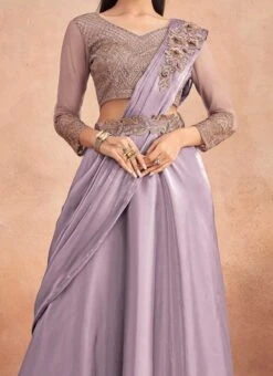 Lavender Chinon Silk Sequins Embroidered Ready Pleated Saree Party Wear