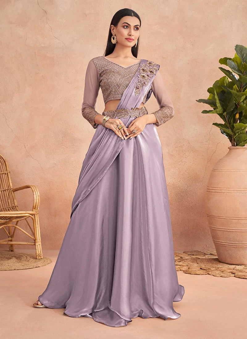 Lavender Chinon Silk Sequins Embroidered Ready Pleated Saree Party Wear 3 Lavender Chinon Silk Sequins Embroidered Ready Pleated Saree Party Wear - Image 3