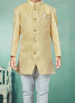 Lemon Yellow Banarasi Silk Jacquard Indowestern Sherwani Party Wear
