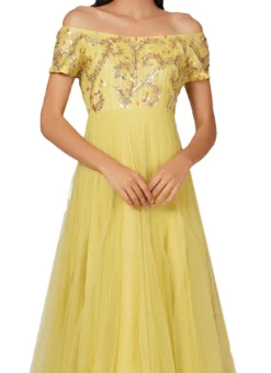 Lemon Yellow Net Embroidered Anarkali Suit Party Wear